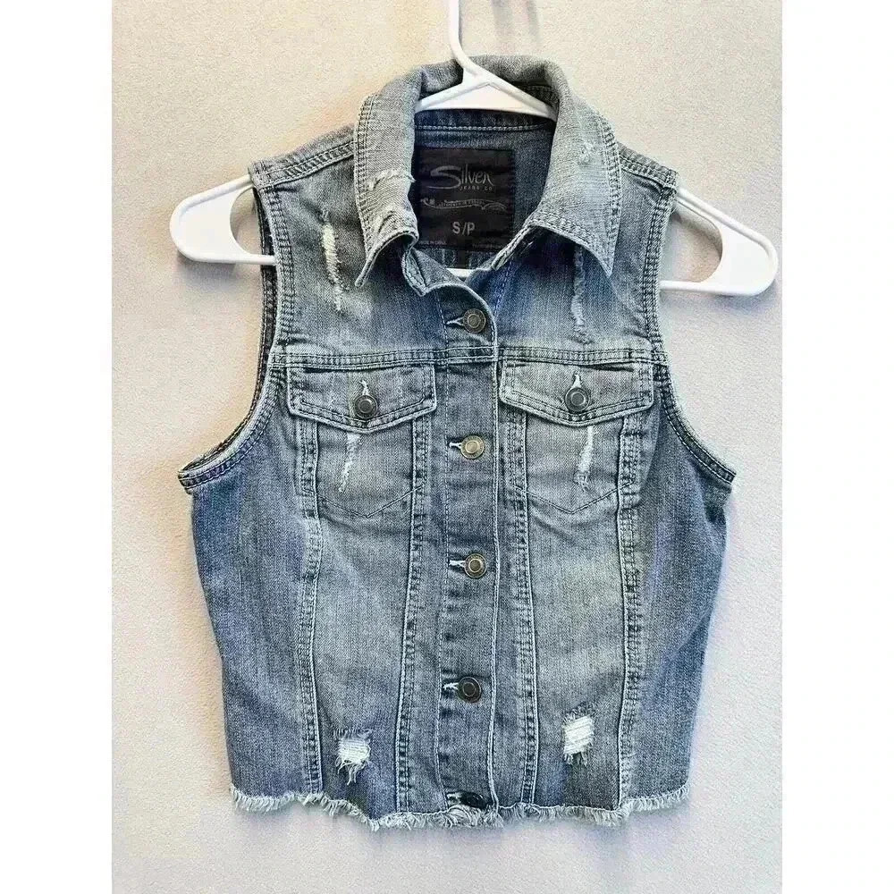 Silver Vest Women’s Small Blue Jean Denim Cropped Moto Trucker Biker Distressed